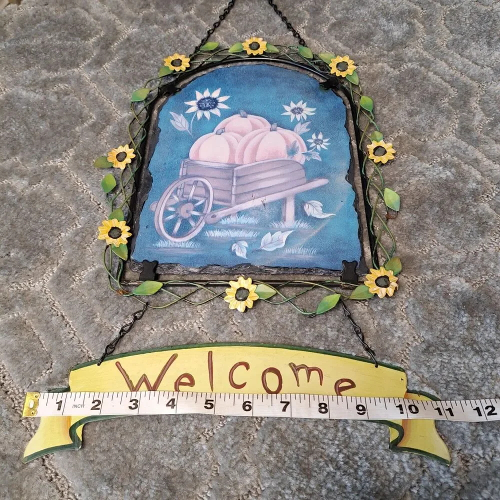VINTAGE WELCOME WALL DECOR SUNFLOWER FALL PUMPKIN SCENE WOOD METAL HANGING RARE